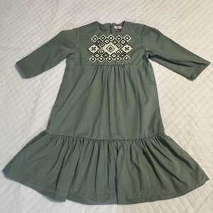 Kidichic Dress Girls Sz 8 Green White Embroidered Cottagecore Christmas Cotton
